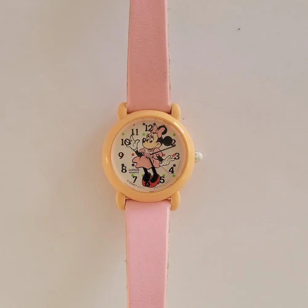 Girls Watch White Dial Orange Case Pink Faux Leather Band Lorus Quartz V821-0210